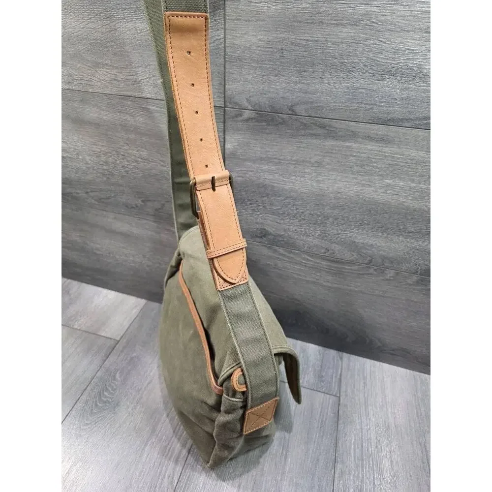 LL Bean Leather Canvas Crossbody Messenger Bag Olive Green Flap Utility B000759